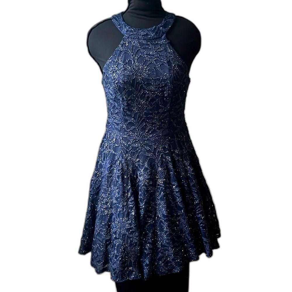 B darlin dress Jrs 9/10 navy fairy shiny fit flare halter homecoming prom dance